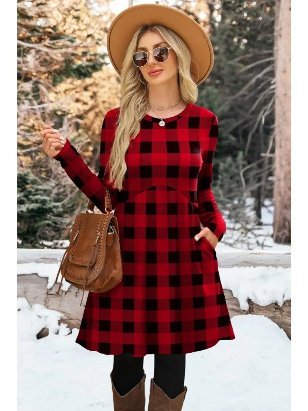 Women's Dark Red Plaid Sleeve Comfort Crew Neck Empire Waist Tunic Mini Dress - Picture 2 of 5